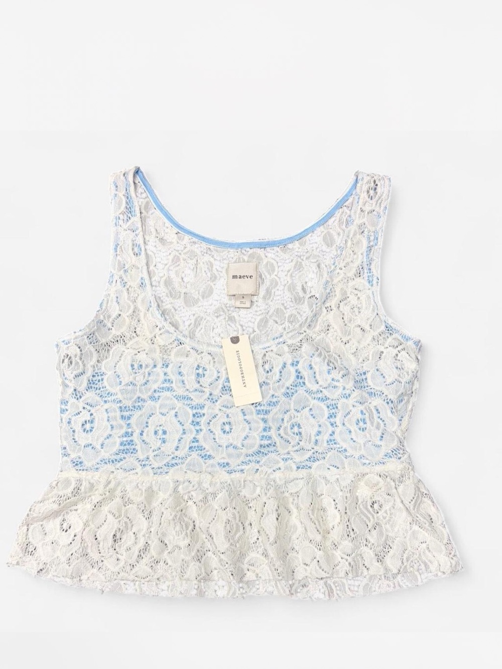 Maeve White Lace Peplum Tank with Light Blue Lining NWT